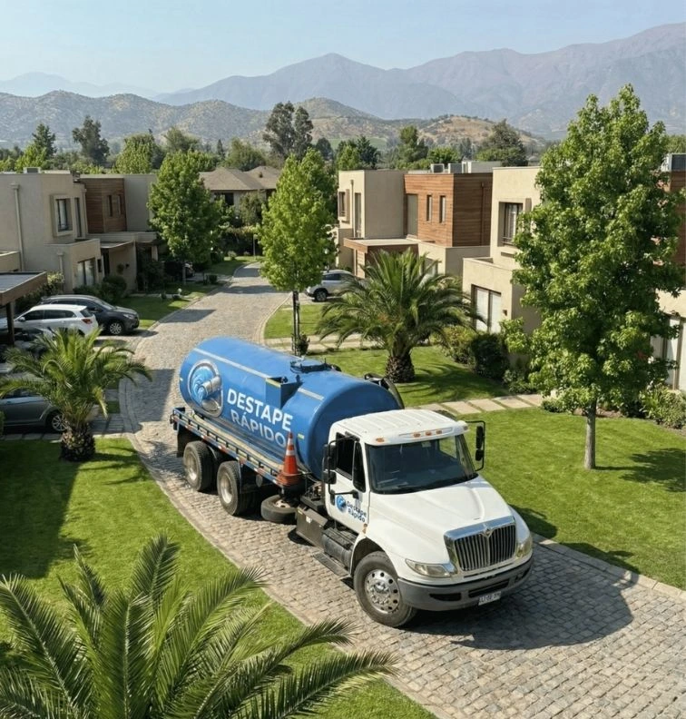 Camión de servicio sanitario trabajando en un condominio